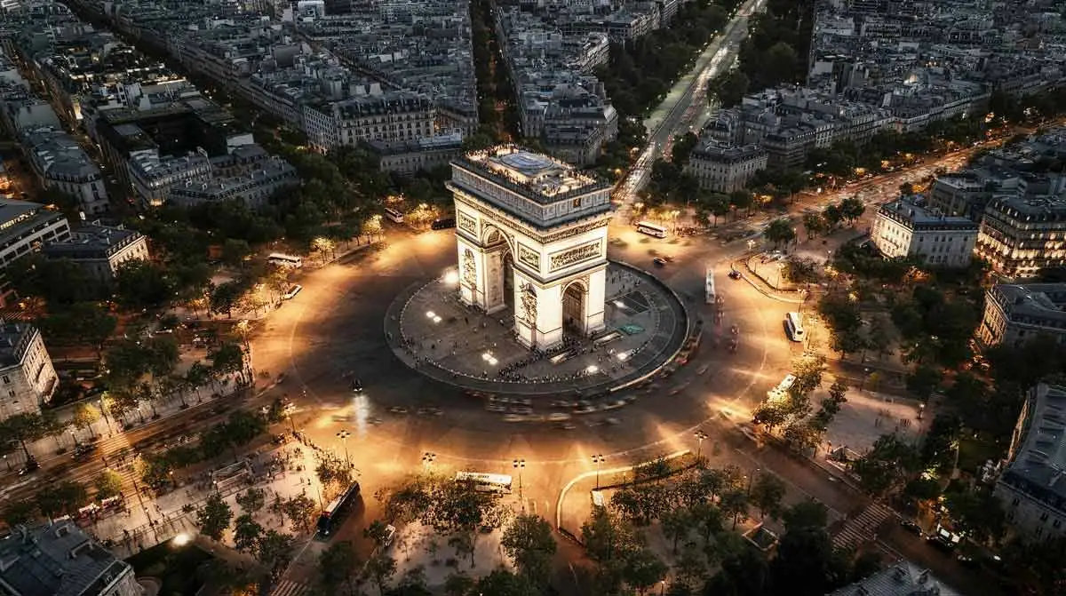 an aerial photo of arc de triomphe in Paris