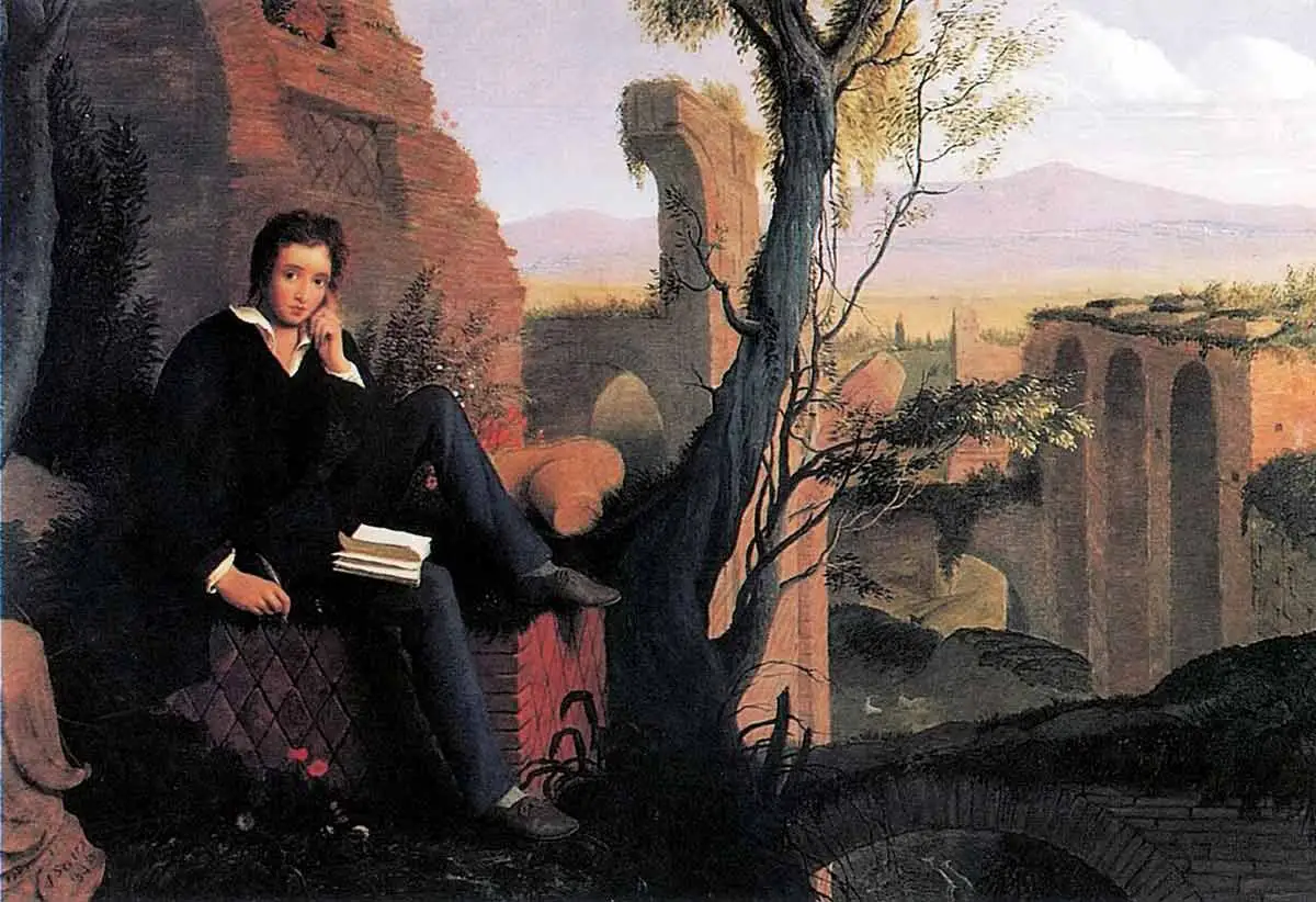 Joseph Severn’s painting of Percy Bysshe Shelley composing Prometheus Unbound among the sprawling, sunlit stone ruins of the Baths of Caracalla in Rome.