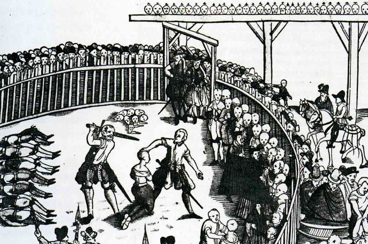 A historical woodcut illustration of a public execution, representing Michel Foucault’s concept of Sovereign Power. The scene depicts a large crowd gathered around an executioner's platform in a town square, symbolizing the pre-modern state's right over life and death.