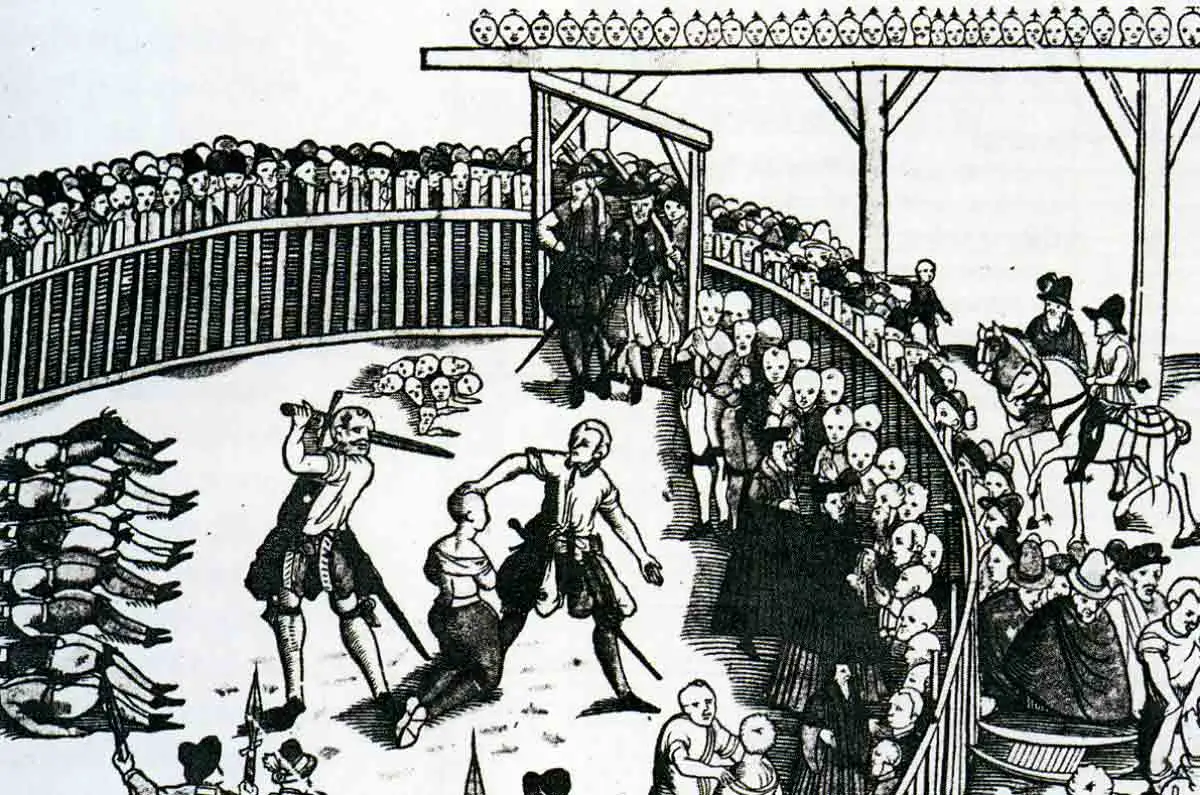 A historical woodcut illustration of a public execution, representing Michel Foucault’s concept of Sovereign Power. The scene depicts a large crowd gathered around an executioner's platform in a town square, symbolizing the pre-modern state's right over life and death.