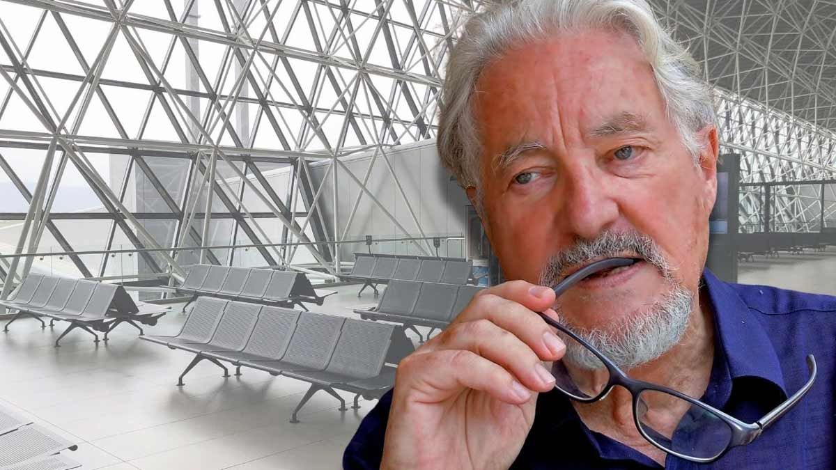 A composite image featuring a foreground portrait of an older man with a gray beard (anthropologist Marc Augé) thoughtfully holding the earpiece of his glasses in his mouth. He is superimposed over a background of a sterile, empty modern airport terminal with rows of metallic seating and large, geometric glass windows.