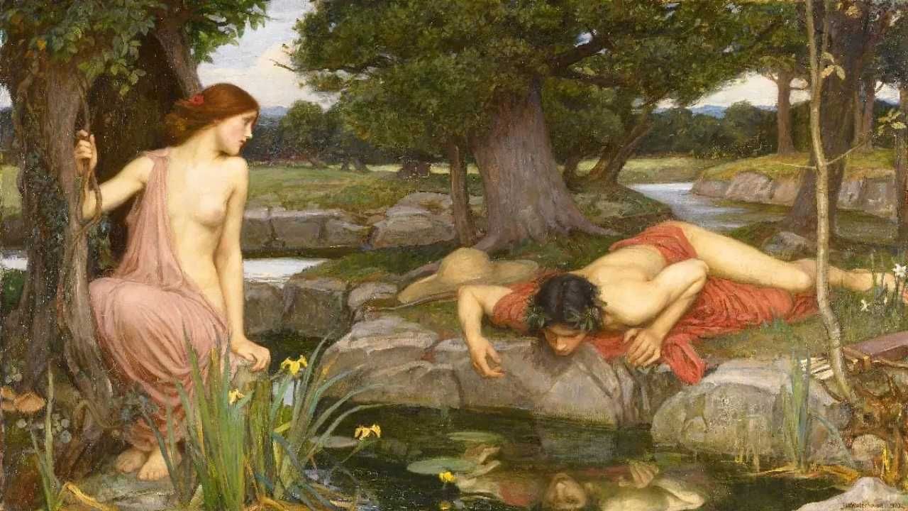 A classical painting depicting a young man lying on his stomach on a rocky bank, gazing intently at his own reflection in a stream. To the left, a young woman draped in pink fabric sits against a tree, watching him sorrowfully. The setting is a lush, wooded landscape.