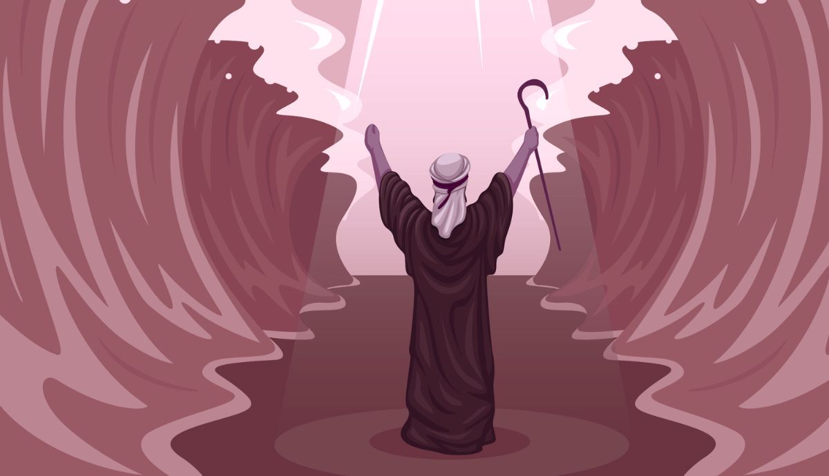Vector illustration from behind Moses in a dark robe holding a staff, raising his arms as he parts a towering, deep pink sea.