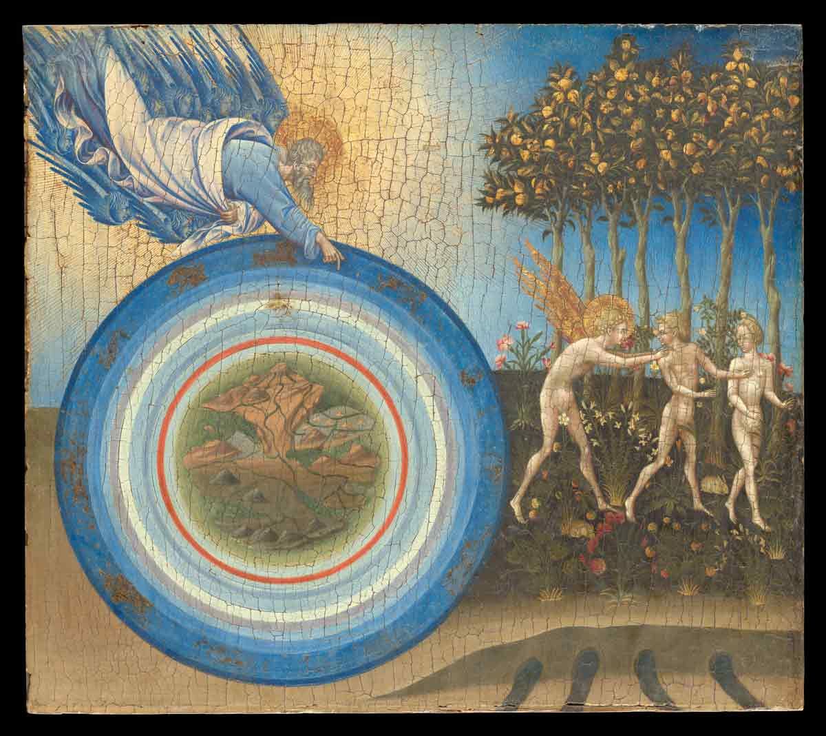 Giovanni di Paolo’s 'The Creation of the World and the Expulsion from Paradise.' An early Renaissance painting illustrating the contrast between the celestial Utopia and the earthly realm, a key theme in Foucault’s 'Of Other Spaces'.