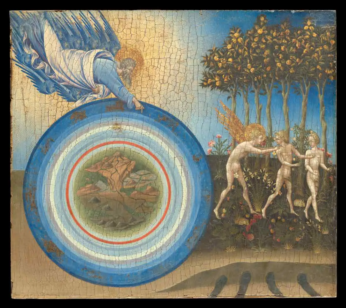 Giovanni di Paolo’s 'The Creation of the World and the Expulsion from Paradise.' An early Renaissance painting illustrating the contrast between the celestial Utopia and the earthly realm, a key theme in Foucault’s 'Of Other Spaces'.