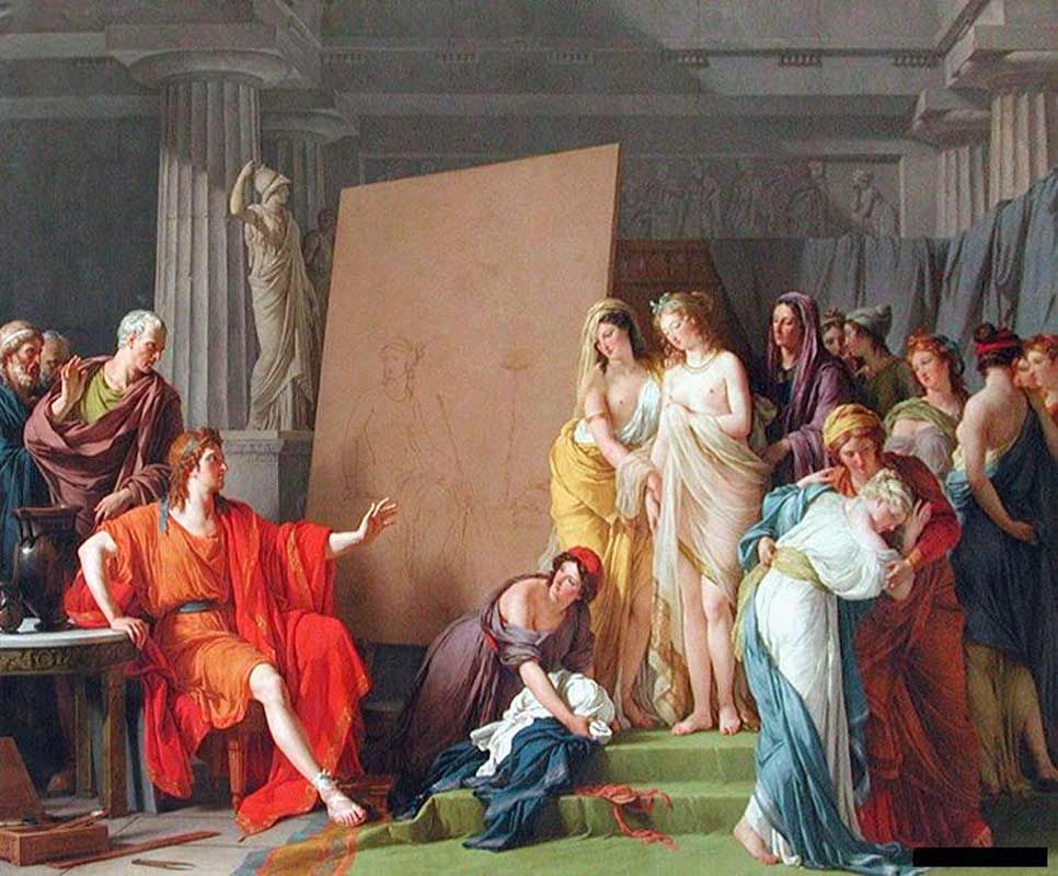A neoclassical painting depicting the ancient Greek painter Zeuxis sitting in a studio, gesturing toward a group of women who are serving as his models. He is dressed in a vibrant red robe, and in the background, a large canvas displays a faint outline sketch of a figure. Several women are gathered to his right, some partially draped, while an architectural column and a statue stand to the left, creating a classical setting.