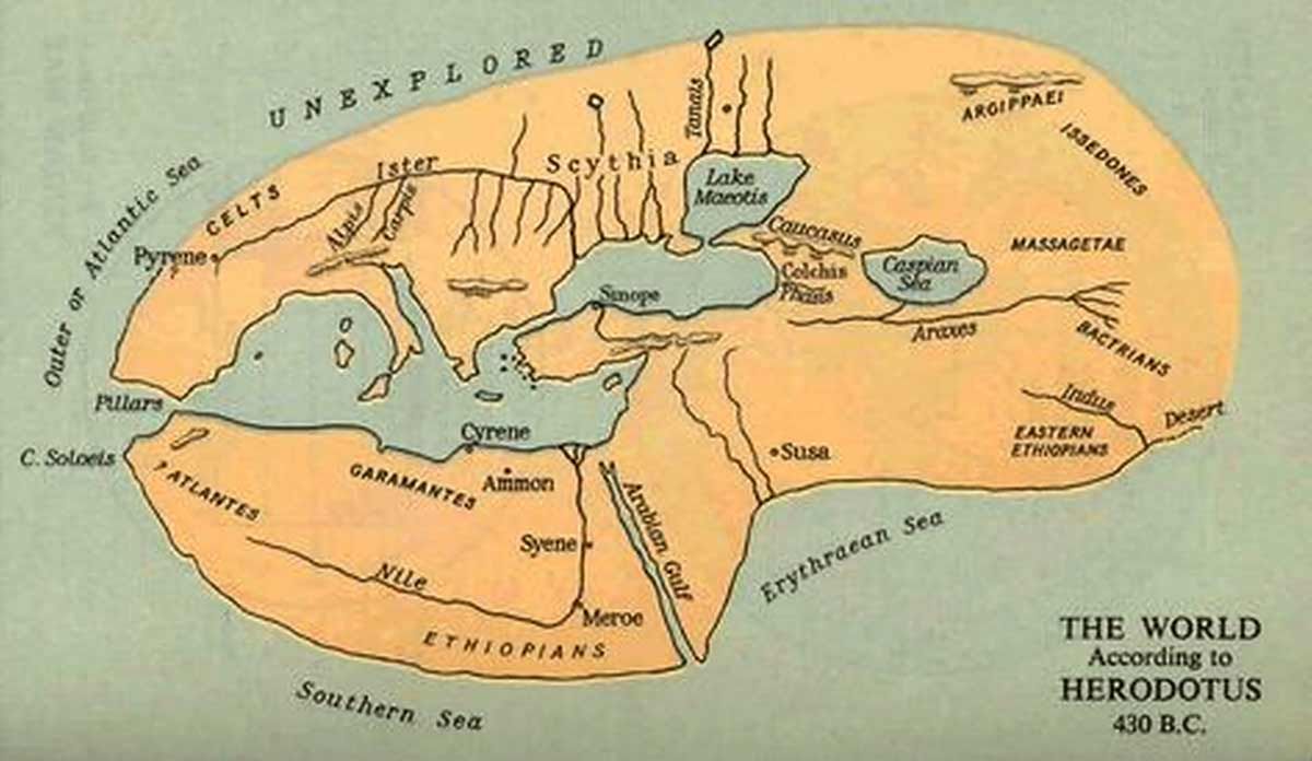 A reconstructed historical map of the world according to Herodotus circa 430 B.C., depicting Europe, Asia, and Libya (Africa) as a single landmass surrounded by an outer ocean. It includes labels for the Nile, the Ister River, and various ancient peoples like the Scythians and Persians.