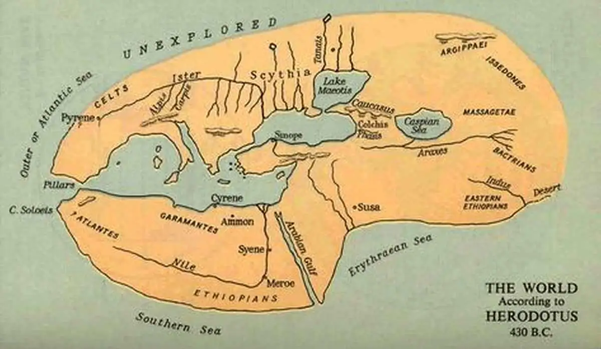 A reconstructed historical map of the world according to Herodotus circa 430 B.C., depicting Europe, Asia, and Libya (Africa) as a single landmass surrounded by an outer ocean. It includes labels for the Nile, the Ister River, and various ancient peoples like the Scythians and Persians.