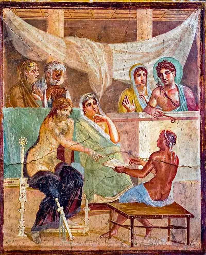 An ancient Roman fresco depicting a classical mythological scene with multiple figures. In the center foreground, a seated man with a sword leaning against his leg gestures toward a flat tablet held by another figure seated on a small wooden table. Beside the gesturing man sits a woman draped in a pale green mantle, resting her head on her hand with a somber expression. In the upper left background, an elderly man and woman observe the exchange. In the upper right, a divine male figure with a light blue halo holds a caduceus (a staff entwined with snakes), standing next to a hooded figure. The painting is framed by draped white fabric at the top and features significant cracking across its surface, characteristic of an aged wall painting.