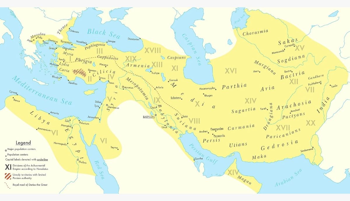 A detailed historical map highlighting the vast Achaemenid Persian Empire at its peak, stretching from Egypt and Thrace in the west all the way to the Indus River in the east.