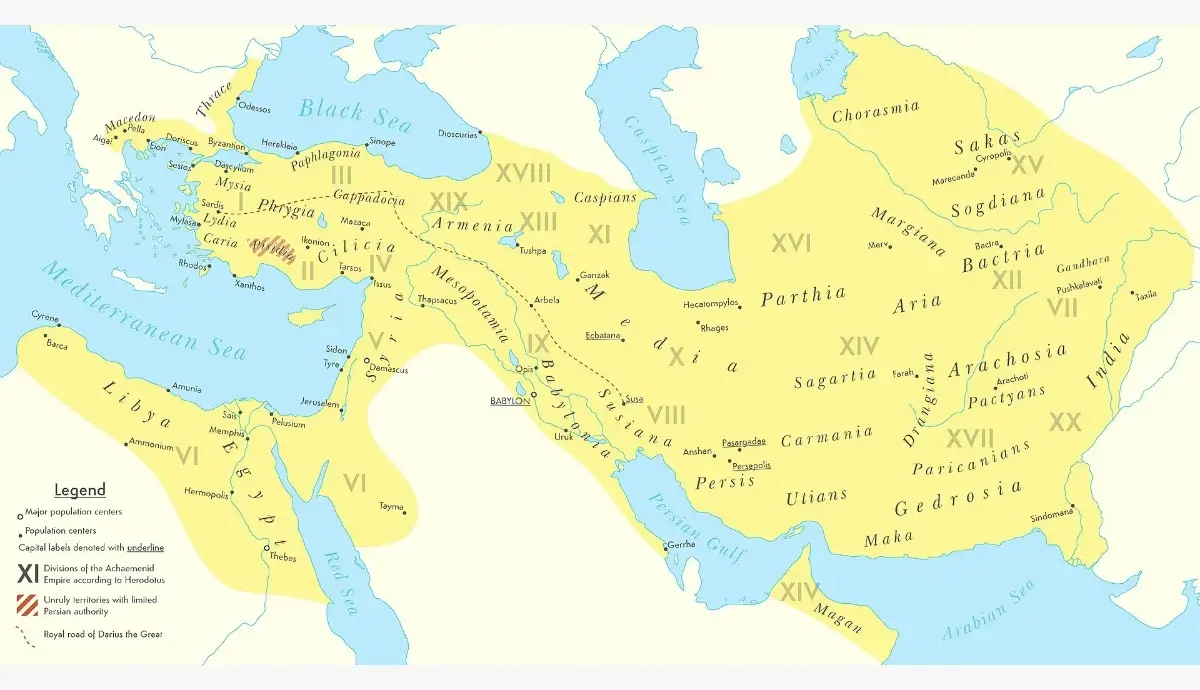 A detailed historical map highlighting the vast Achaemenid Persian Empire at its peak, stretching from Egypt and Thrace in the west all the way to the Indus River in the east.