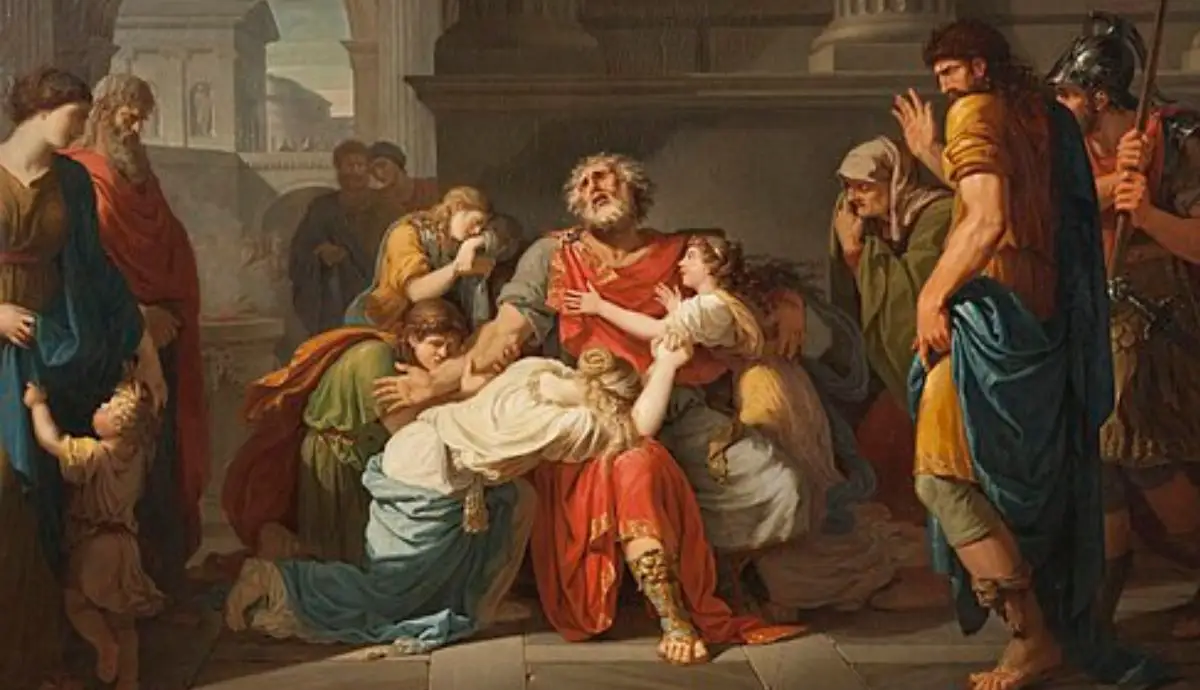 Neoclassical oil painting depicting a distressed, blind Oedipus in red robes surrounded by weeping women and shocked onlookers in an ancient courtyard.