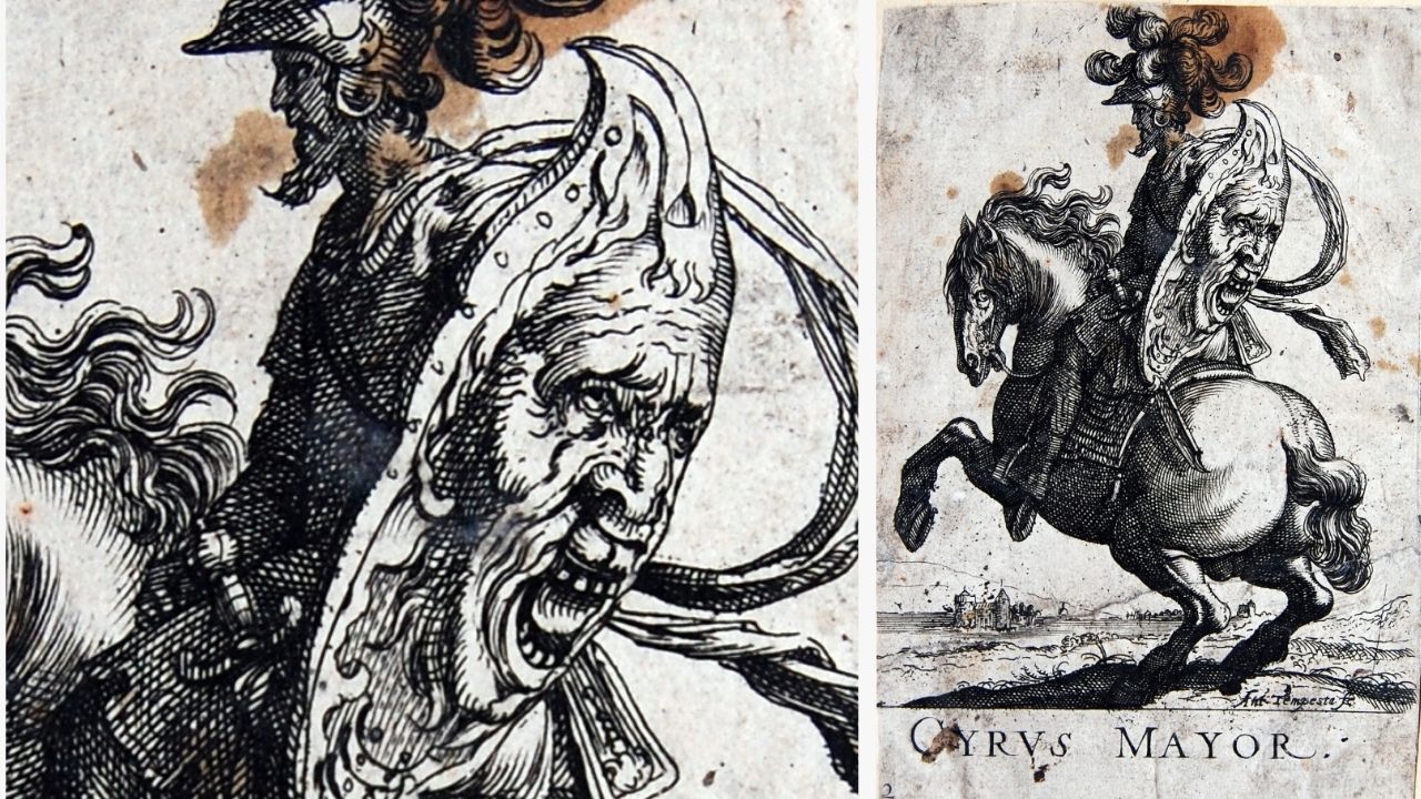 An antique engraving of Cyrus the great split into two parts. The right side shows a full view of a heavily armored knight on a rearing horse, carrying a large shield bearing a grotesque, open-mouthed face. The left side is a zoomed-in detail of that roaring face on the shield. The text "CYRVS MAYOR." is printed at the bottom right.