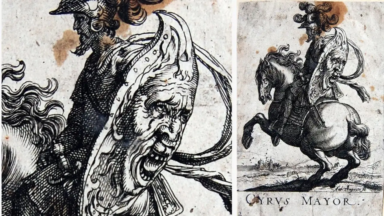 An antique engraving of Cyrus the great split into two parts. The right side shows a full view of a heavily armored knight on a rearing horse, carrying a large shield bearing a grotesque, open-mouthed face. The left side is a zoomed-in detail of that roaring face on the shield. The text "CYRVS MAYOR." is printed at the bottom right.