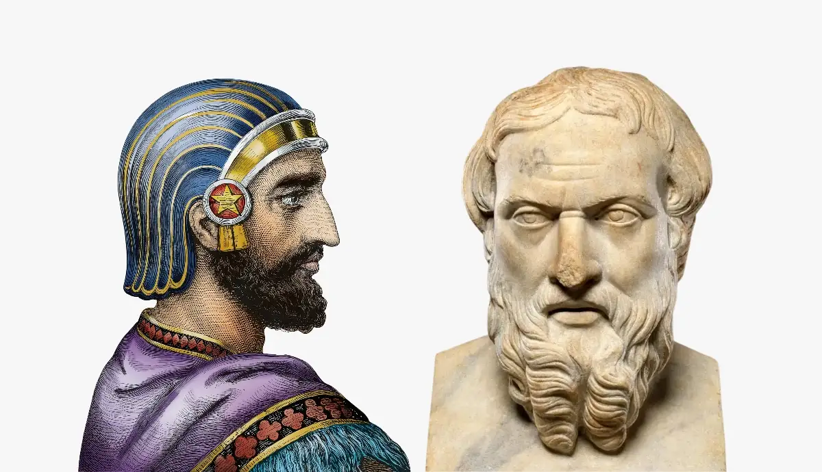 A side-by-side comparison image showing a colorful profile illustration of the Persian king Cyrus wearing a helmet on the left, and a classic marble bust of the Greek historian Herodotus on the right.