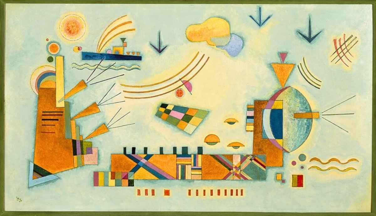 An abstract geometric painting by Wassily Kandinsky titled "Événement Doux" (Gentle Accent). The artwork features various colorful shapes including triangles, circles, grids, and wavy lines scattered across a pale blue-green background. Notable elements include a sun-like circle in the top left and several black arrow-like symbols pointing downward.