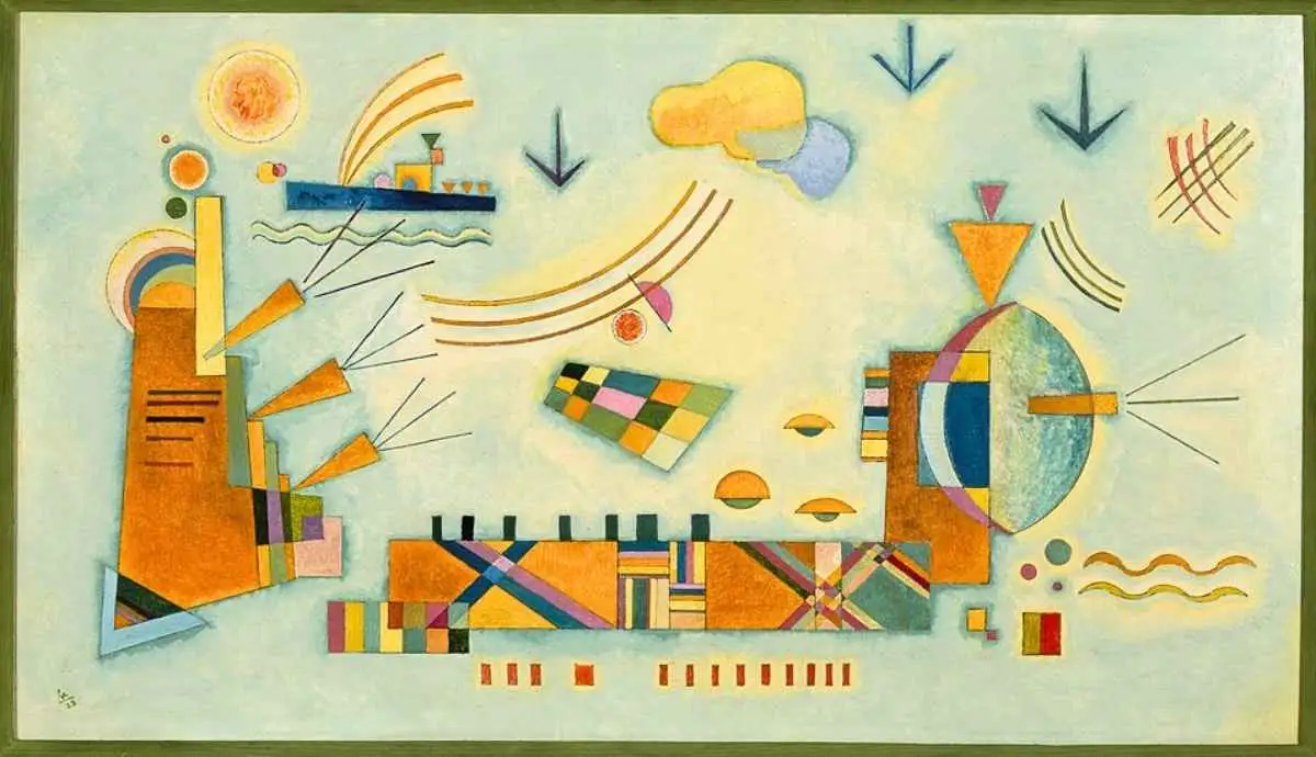 An abstract geometric painting by Wassily Kandinsky titled "Événement Doux" (Gentle Accent). The artwork features various colorful shapes including triangles, circles, grids, and wavy lines scattered across a pale blue-green background. Notable elements include a sun-like circle in the top left and several black arrow-like symbols pointing downward.