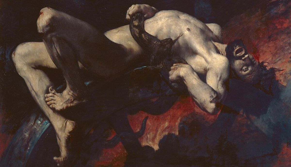 Classical painting depicting the Greek myth of Ixion, who is bound to a spinning, fiery wheel in the underworld of Tartarus as an eternal punishment.