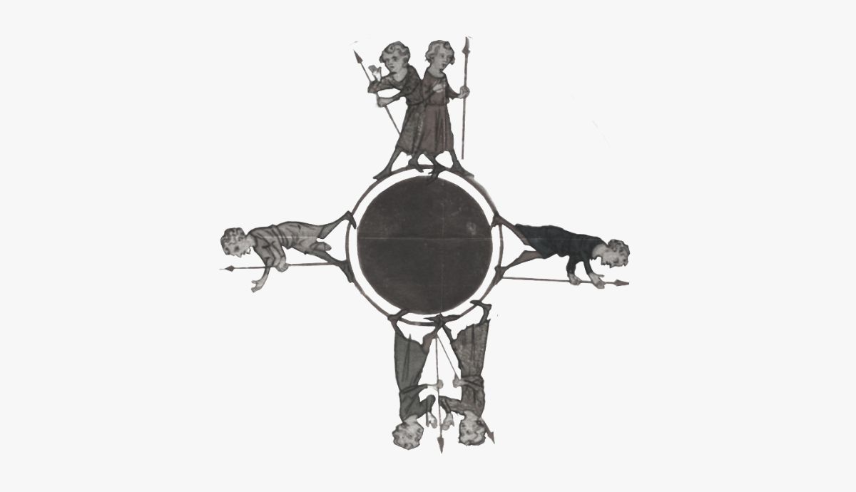 Medieval manuscript illustration depicting strange humanoids, including an antipode figure with reversed feet, representing uncanny fears of the unknown.