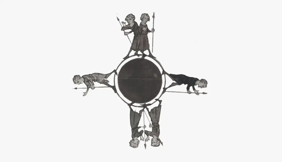 Medieval manuscript illustration depicting strange humanoids, including an antipode figure with reversed feet, representing uncanny fears of the unknown.