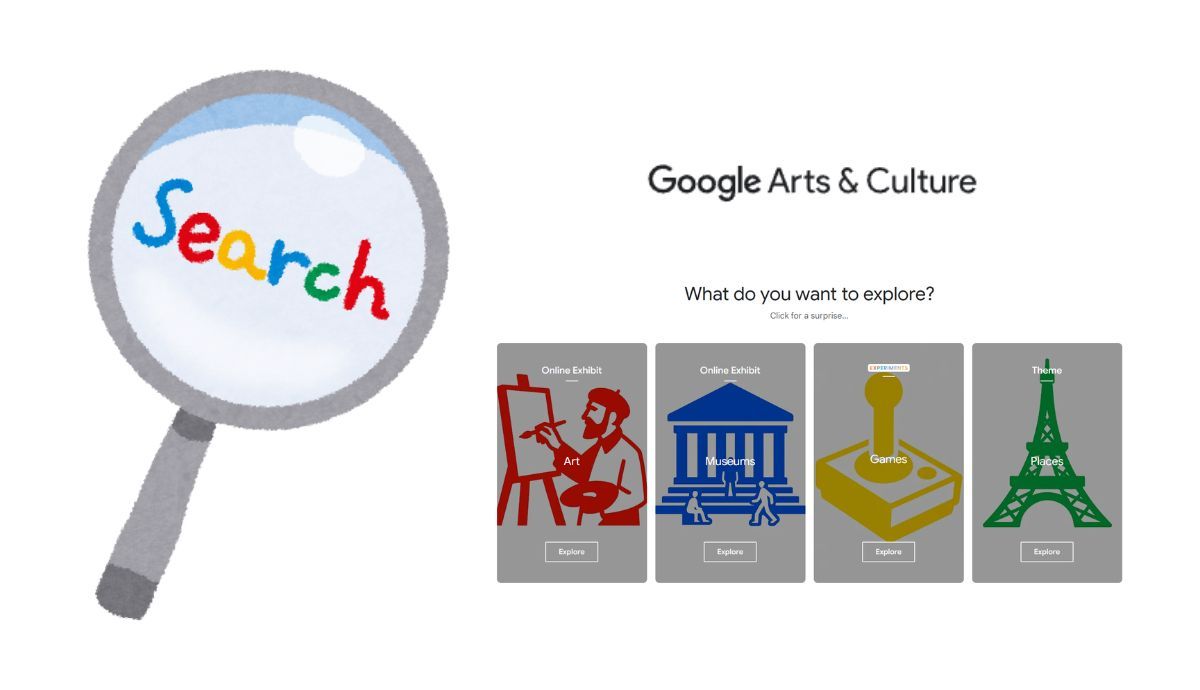 A magnifying glass with the word "Search" written in Google's signature colors sits beside a Google Arts & Culture interface featuring navigation cards for Art, Museums, Games, and Places.