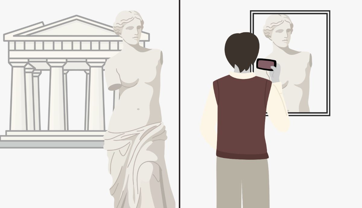 Illustration of a museum visitor taking a smartphone photo of the Venus de Milo and a Greek temple.