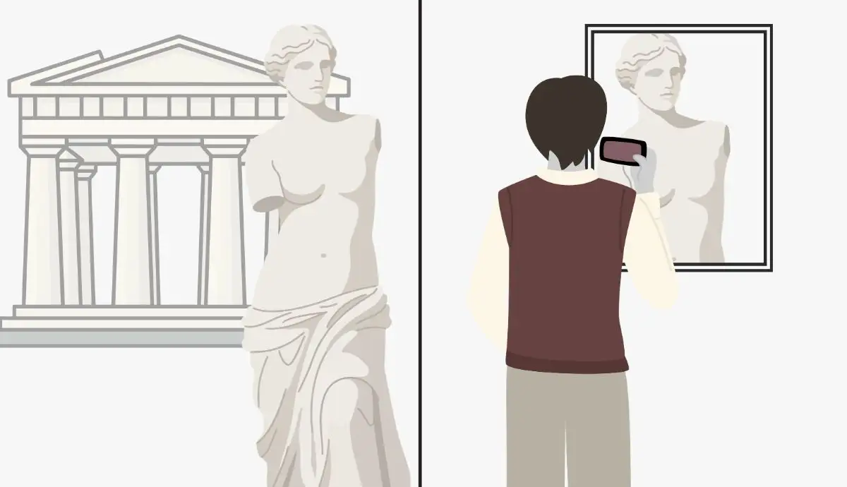 Illustration of a museum visitor taking a smartphone photo of the Venus de Milo and a Greek temple.