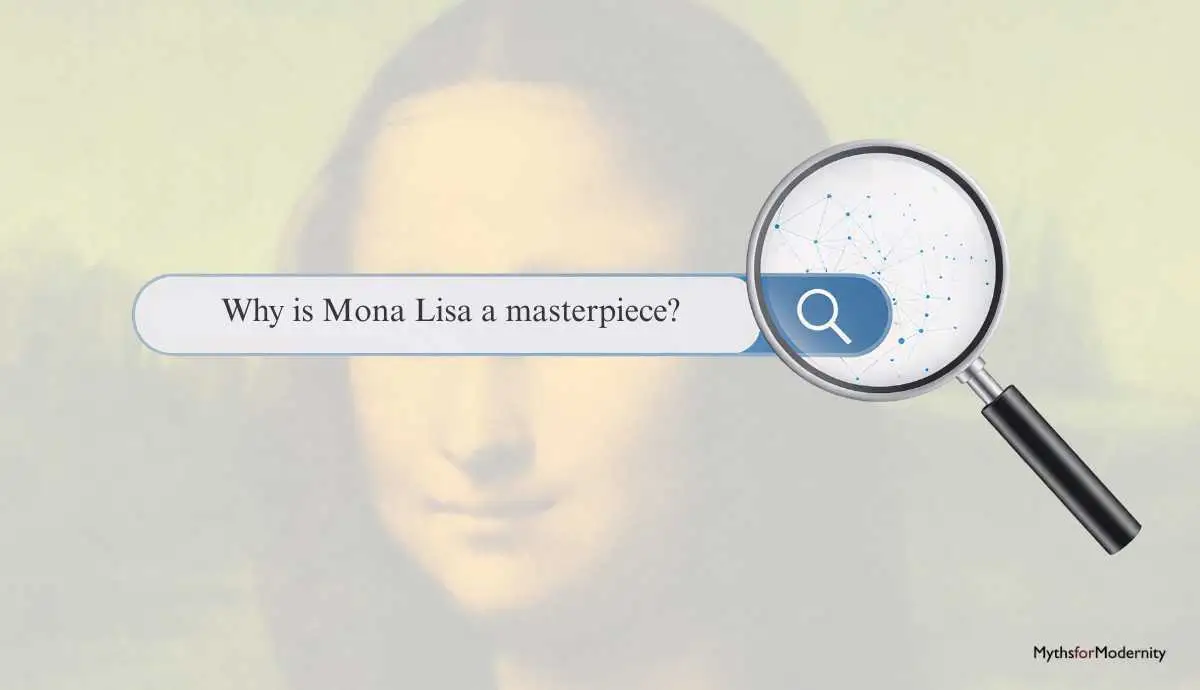 A conceptual overlay of a search bar asking 'Why is Mona Lisa a masterpiece?' on a blurred portrait of the Mona Lisa. A magnifying glass highlights a network of connected nodes, representing the role of Knowledge Graphs and semantic search in art history.
