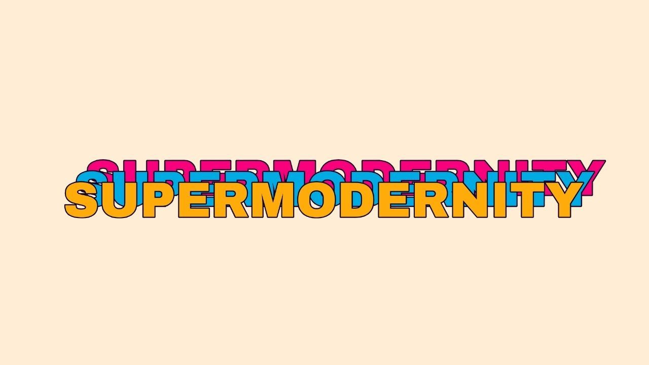 The text "SUPERMODERNITY" written in a bold, stylized, retro block font centered against a light cream-colored background. The word is layered in three offset, overlapping colors: a purple layer on top, a blue middle layer, and a yellow-orange layer at the bottom, creating a three-dimensional, chromatic aberration effect.