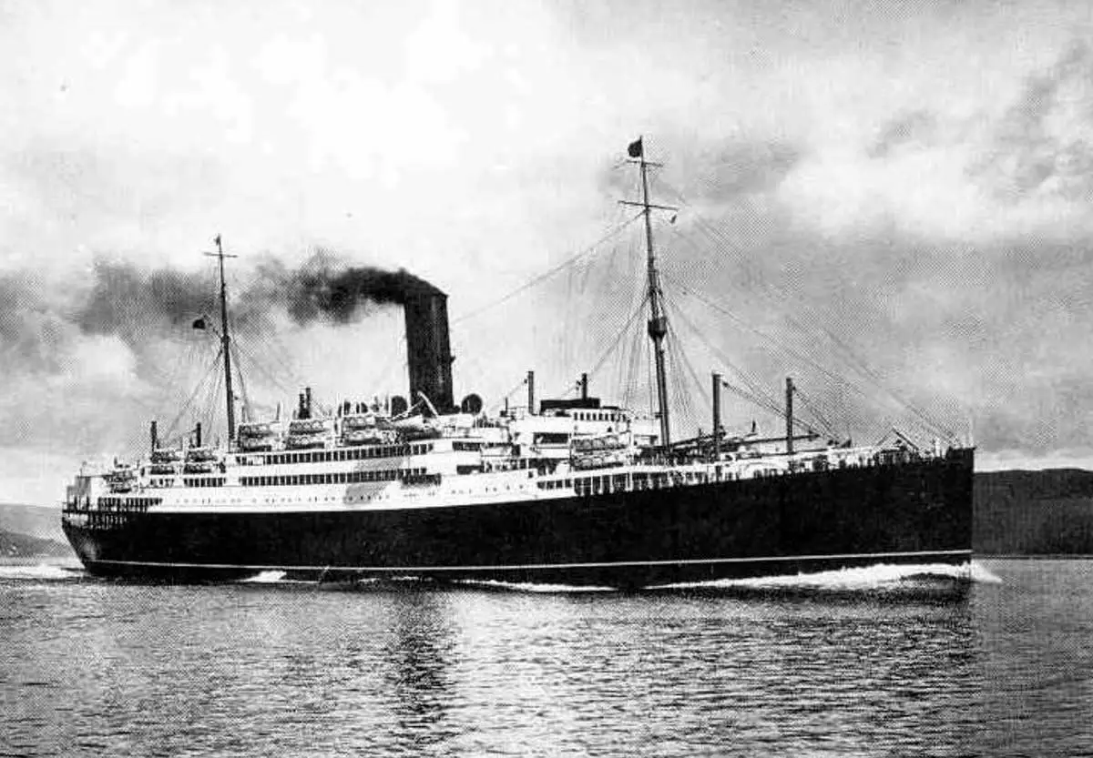 black and white photograph of the SS Tuscania, later renamed Nea Hellas, heading out to sea