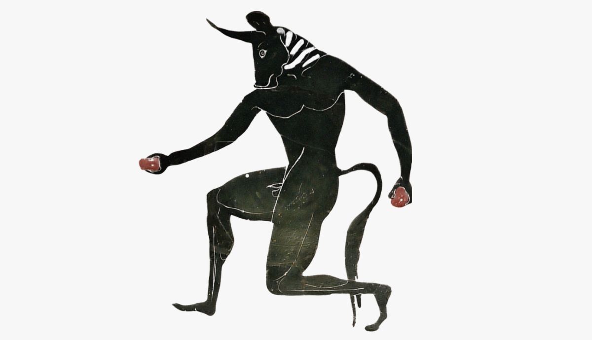 Ancient Greek black-figure pottery depicting the hero Theseus battling the half-man, half-bull Minotaur inside the Labyrinth.