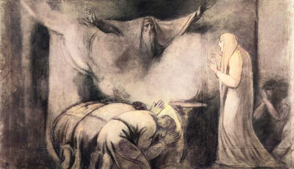 A dramatic, sepia-toned painting depicting a scene from a play. In the upper center, an ethereal, bearded figure wearing a crown—the ghost of King Darius—rises from a cloud of smoke with his arms outstretched. To the right, a woman in a long, pale robe stands looking up at him in surprise. In the foreground, several figures are bowed low to the ground in a gesture of supplication or mourning.