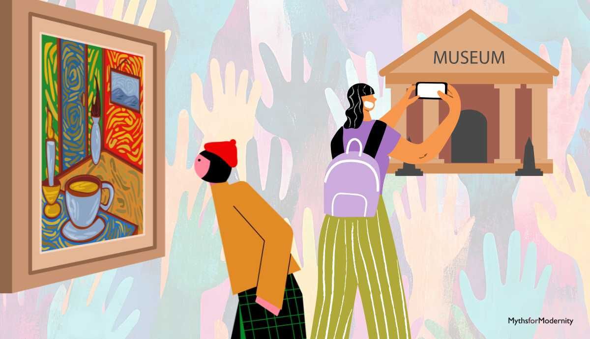 A vibrant, stylized illustration of diverse visitors engaging with a museum and artwork. One visitor uses a smartphone to document a painting, representing modern digital engagement, inclusivity, and the democratization of culture.