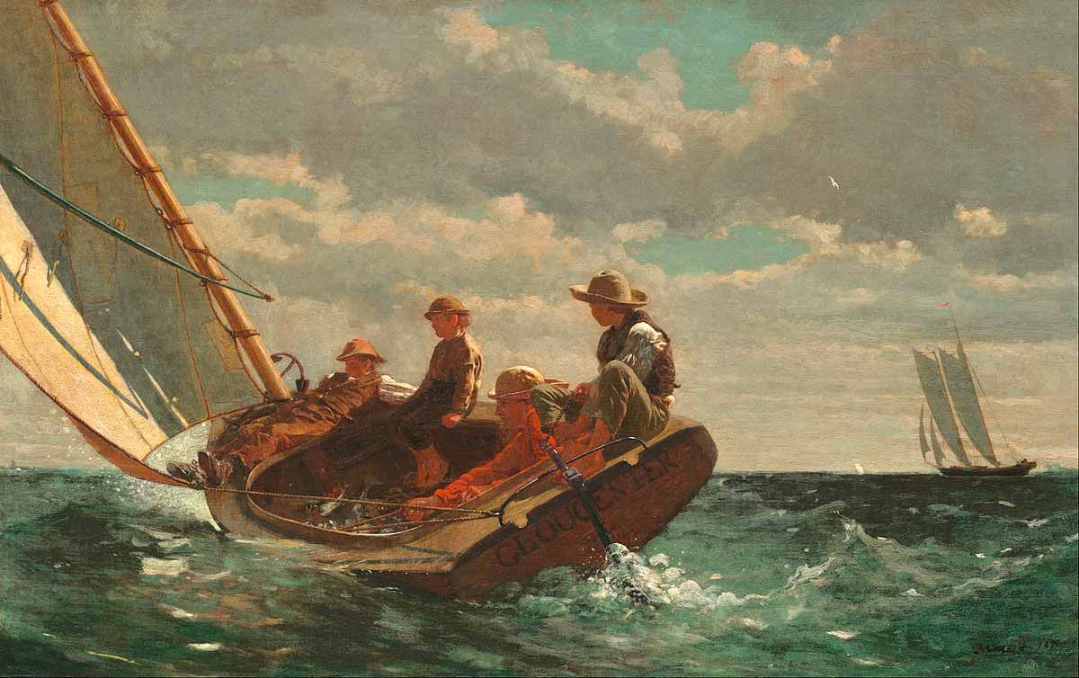 Winslow Homer's painting 'Breezing Up (A Fair Wind)' depicting a catboat full of fishermen on a choppy sea. This serves as a visual metaphor for Michel Foucault’s 'heterotopia par excellence,' representing the ship as a site of adventure, dreams, and a space without a place.