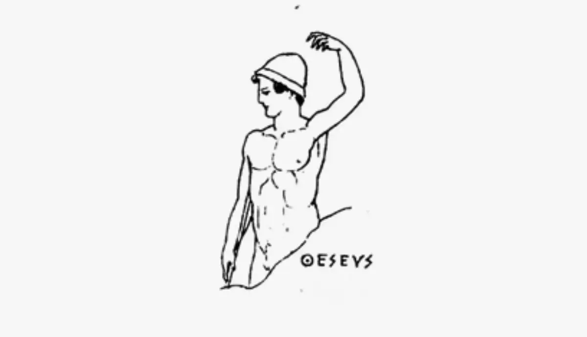 A black and white line drawing of a nude, muscular hero named Theseus wearing a traveler's hat, with his hand raised.