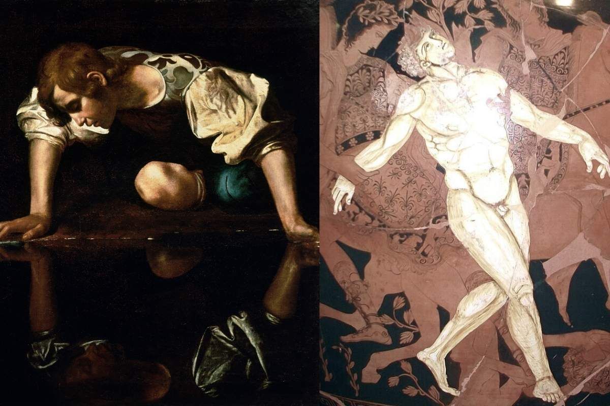 Narcissus (1600) by Caravaggio, next to the death of Talos depicted on a vase circa 400 BCE. Source