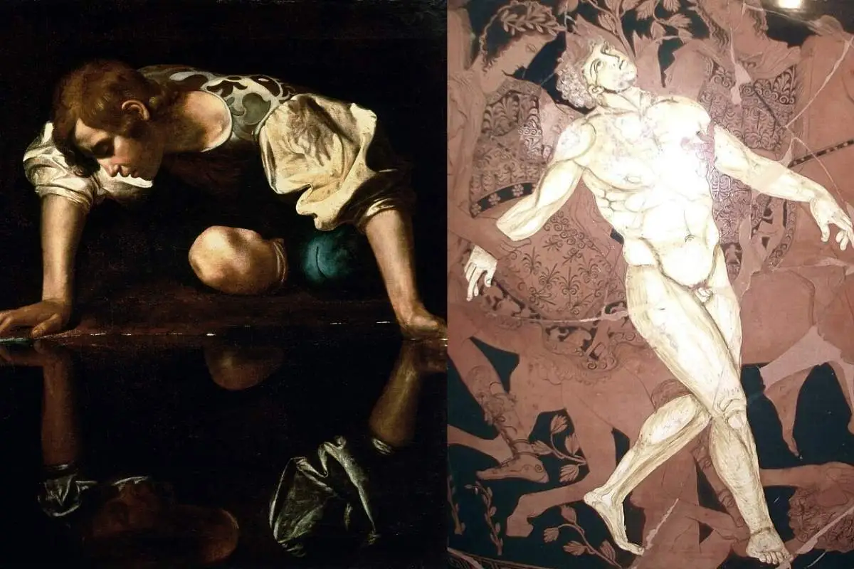 Narcissus (1600) by Caravaggio, next to the death of Talos depicted on a vase circa 400 BCE. Source