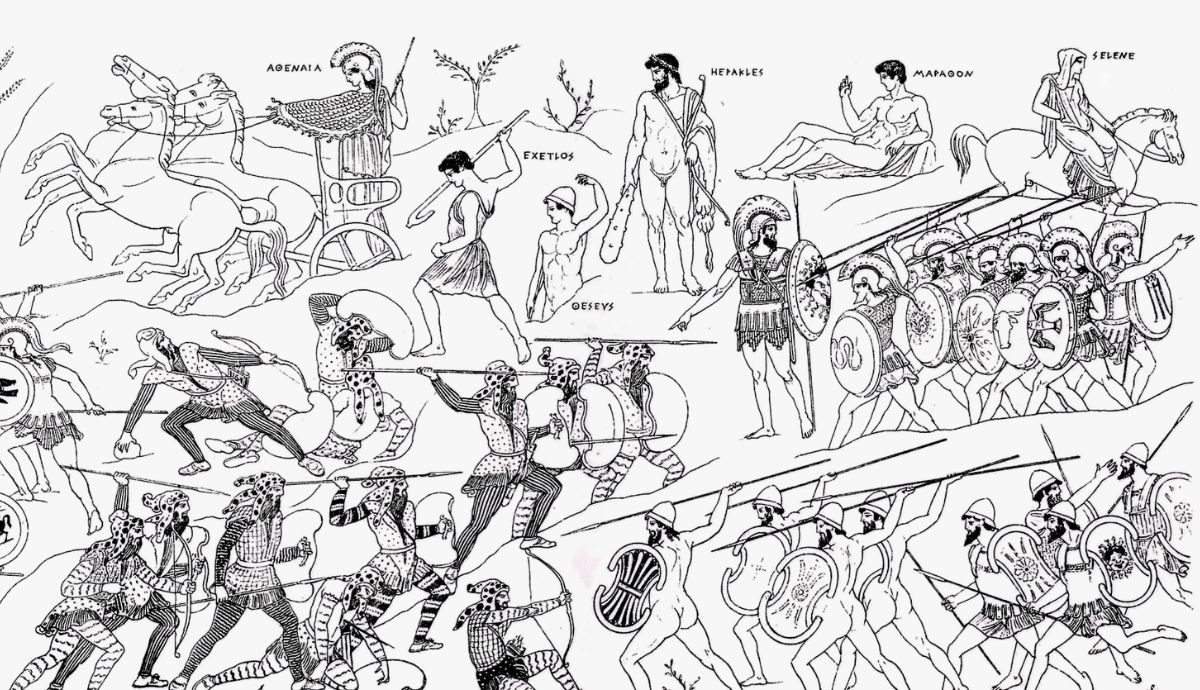 A detailed black and white illustration of the Battle of Marathon featuring various gods and heroes like Athena, Heracles, and Theseus.