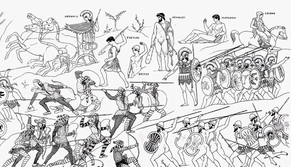 A detailed black and white illustration of the Battle of Marathon featuring various gods and heroes like Athena, Heracles, and Theseus.