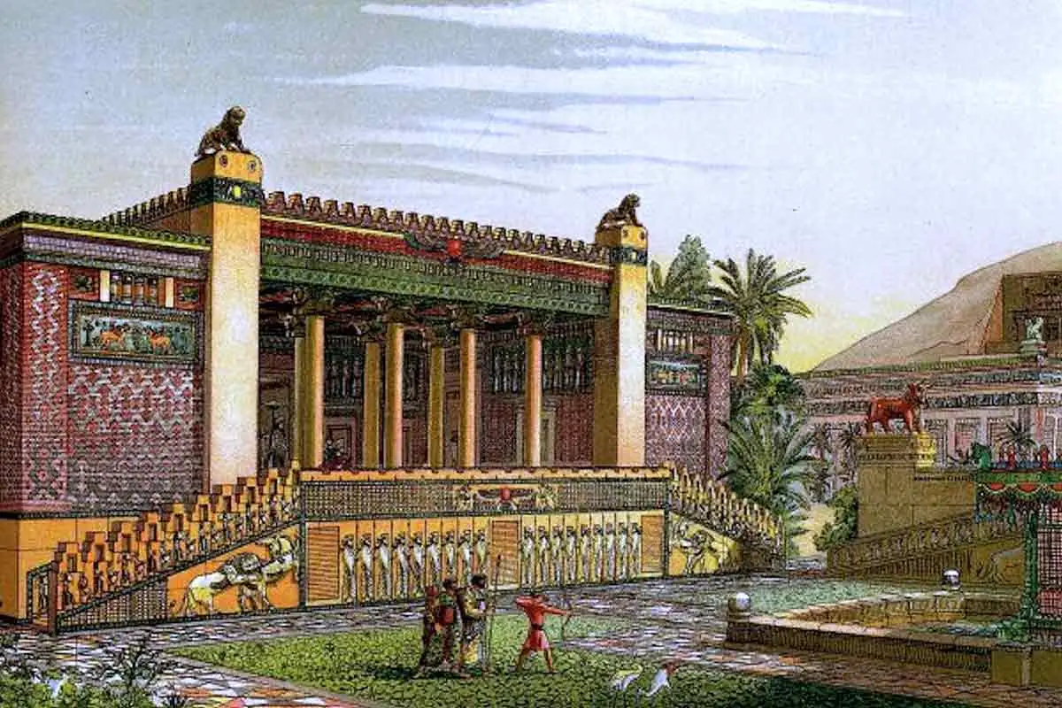 A vintage color engraving of a Persian palace featuring tall columns, ornate friezes with lions and soldiers, and a lush garden courtyard where figures in traditional dress are seen walking and practicing archery.