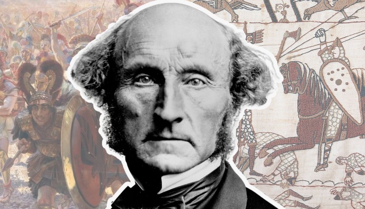 A digital collage featuring a black-and-white portrait of philosopher John Stuart Mill in the center, flanked by faded backgrounds of the Battle of Marathon and the Battle of Hastings.