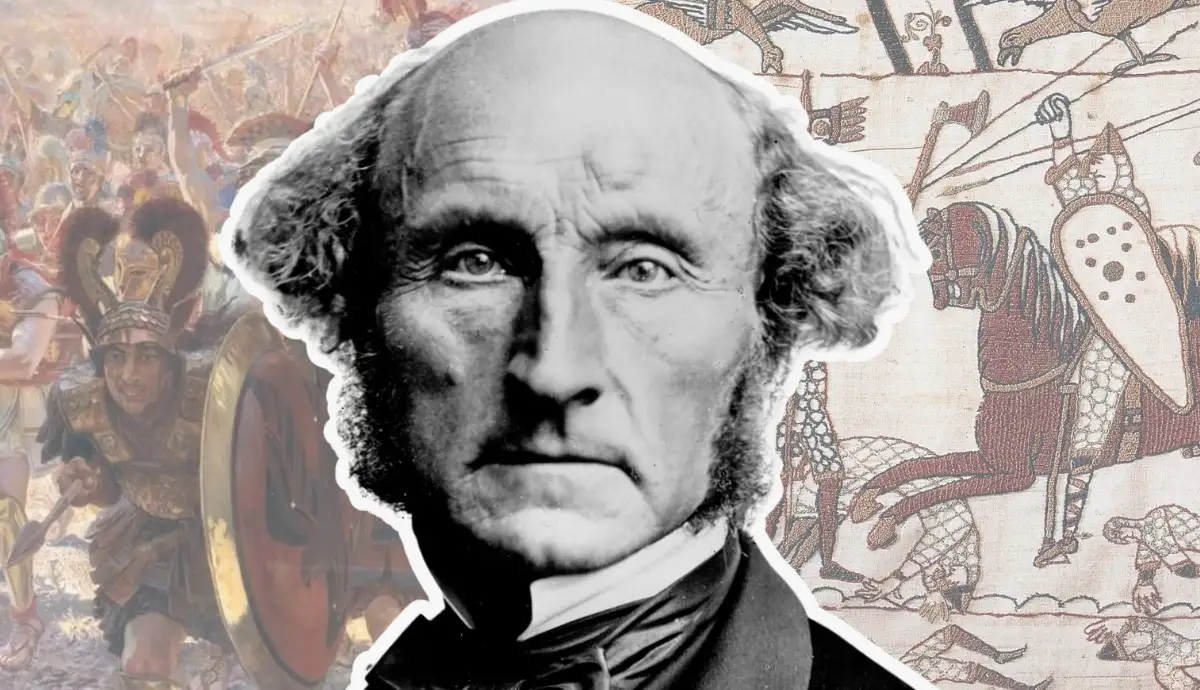 A digital collage featuring a black-and-white portrait of philosopher John Stuart Mill in the center, flanked by faded backgrounds of the Battle of Marathon and the Battle of Hastings.
