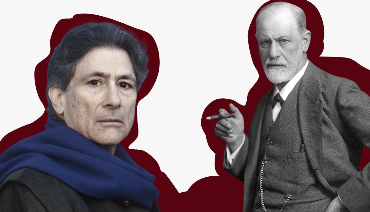 Graphic collage featuring a photographic portrait of Edward Said with a blue scarf on the left, and a black-and-white photo of Sigmund Freud smoking a cigar on the right, separated by a deep red background.