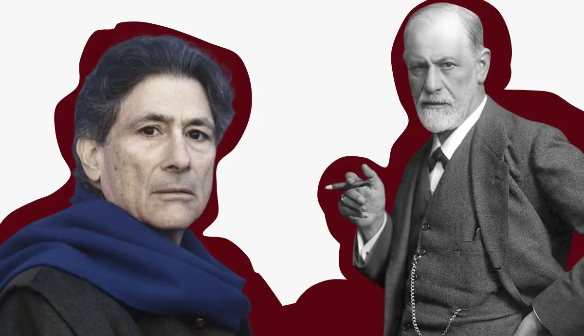 Graphic collage featuring a photographic portrait of Edward Said with a blue scarf on the left, and a black-and-white photo of Sigmund Freud smoking a cigar on the right, separated by a deep red background.