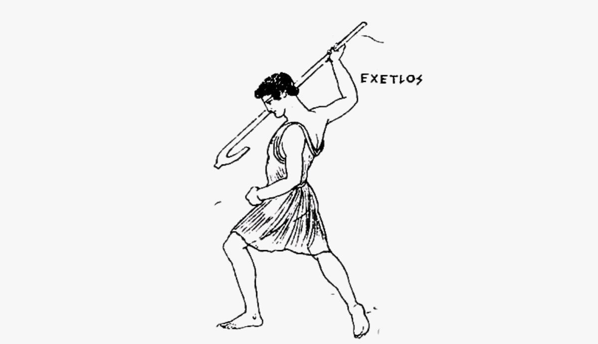 A black and white line drawing of a hero named Exetlos holding a plowshare above his head as a weapon.