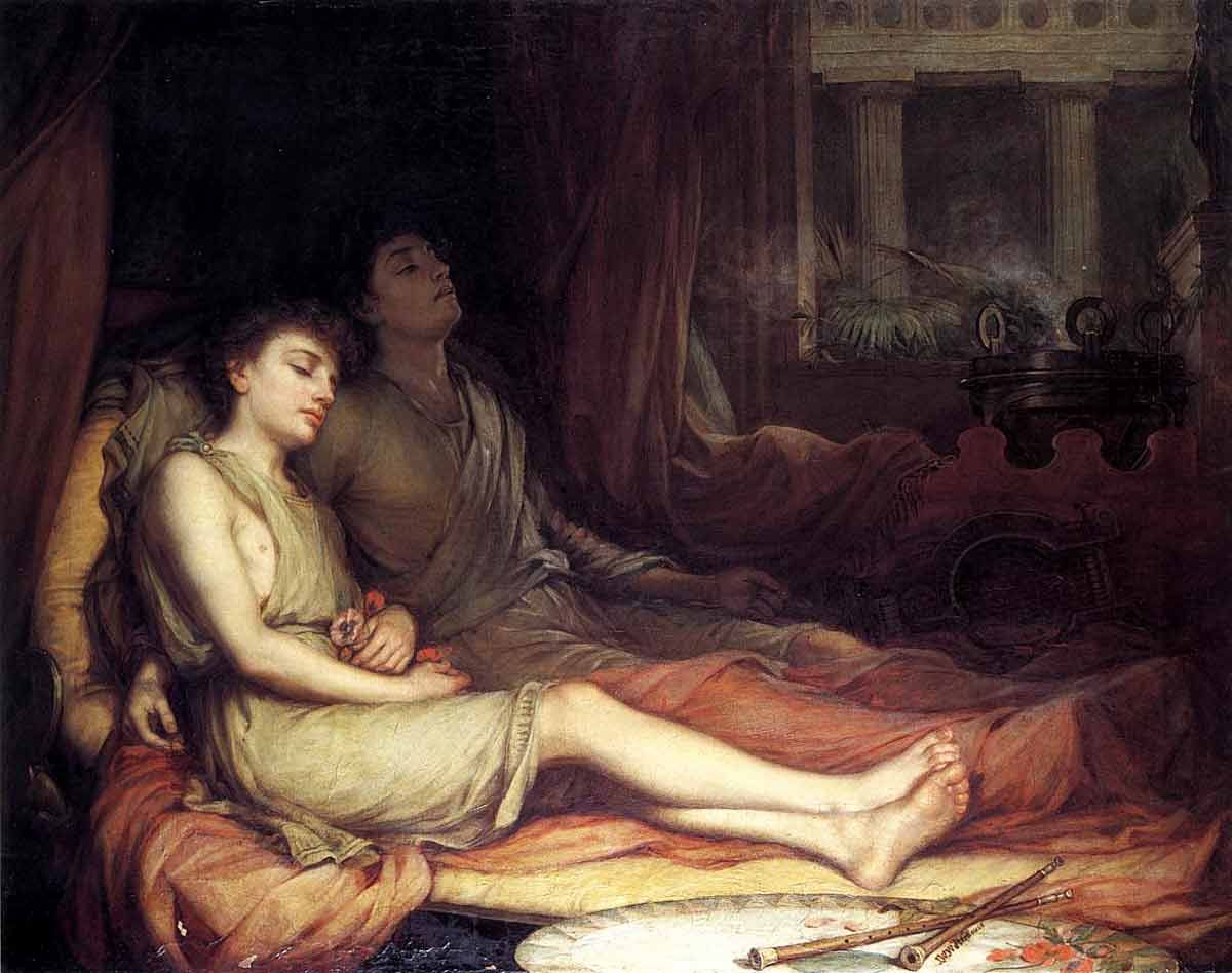 A classical oil painting depicting two young men reclining side-by-side on a bed draped with warm-toned fabrics. In the brightly lit foreground, a fair-skinned youth in a pale, loose tunic sleeps peacefully, holding a small bunch of red poppies in his hands. Directly behind him and shrouded in deep shadow lies the second youth, draped in a dark garment with his head tilted back. The background features classical columns and a smoking brazier, while two wooden flutes rest on a circular rug at the foot of the bed.