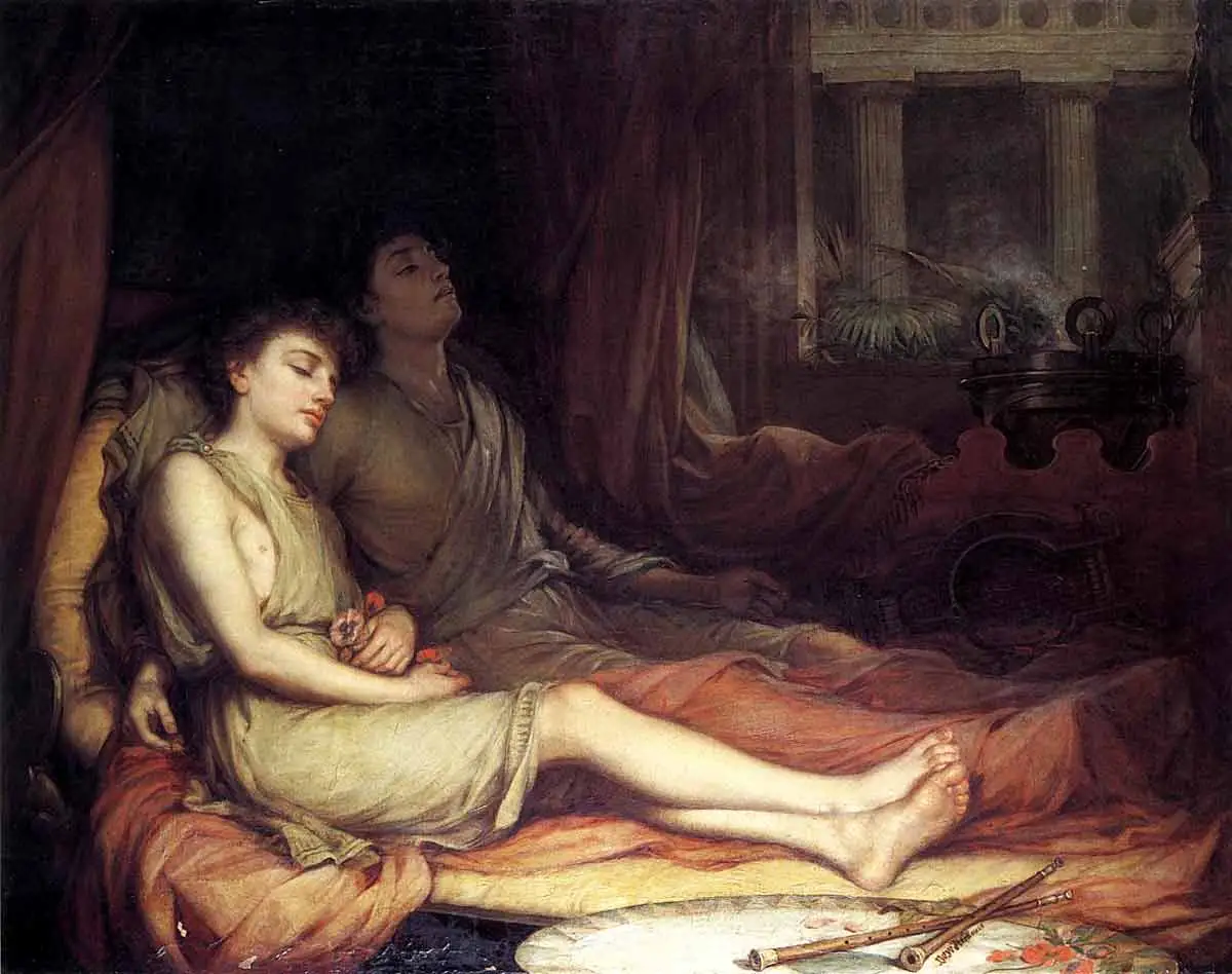 A classical oil painting depicting two young men reclining side-by-side on a bed draped with warm-toned fabrics. In the brightly lit foreground, a fair-skinned youth in a pale, loose tunic sleeps peacefully, holding a small bunch of red poppies in his hands. Directly behind him and shrouded in deep shadow lies the second youth, draped in a dark garment with his head tilted back. The background features classical columns and a smoking brazier, while two wooden flutes rest on a circular rug at the foot of the bed.