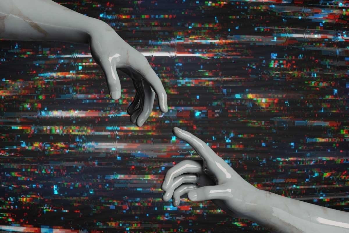 background is a glitch with two humanoid hands evoking Michelangelo's birth of adam painting in the foreground