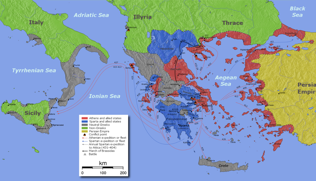 A historical map of the Mediterranean region, focusing on Greece, the Aegean Sea, and Sicily. Red areas denote Athens and its allied states, while blue areas denote Sparta and its allied states. 