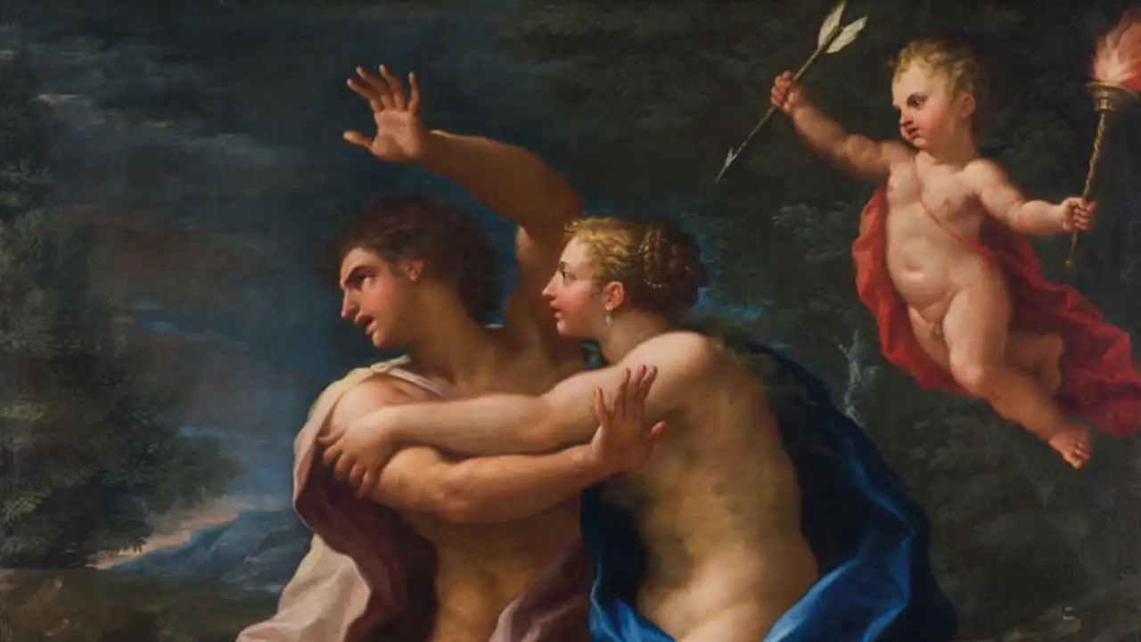 A dramatic, classical painting showing a nude woman partially draped in bright blue fabric desperately clinging to a young man who is looking away and pulling out of her grasp. In the upper right corner, a winged eros hovers in the air, holding a lit torch and an arrow.